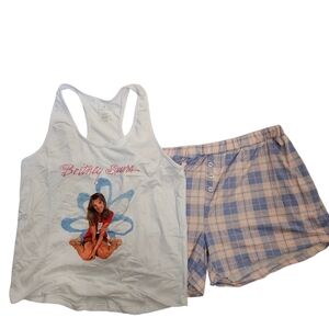 Britney Spears Pajama Set Large Graphic Tank Top Plaid Shorts Pop Star Celeb w57